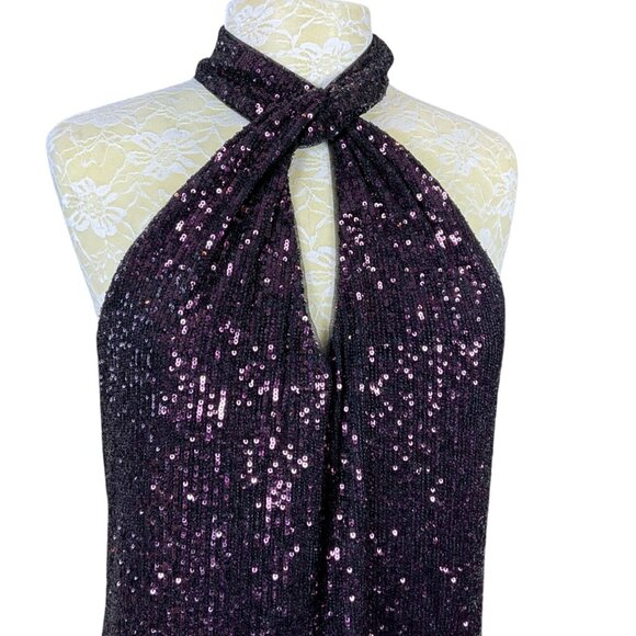 Parker Dallas Sleeveless Twist Halter Lined Burgundy Sequined Top Large - Picture 3 of 9